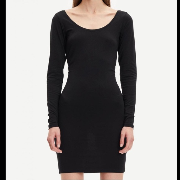 NL Black Long Sleeve Bodycon Scooped Round Neck Mini Dress perfect LBD - Picture 16 of 16
